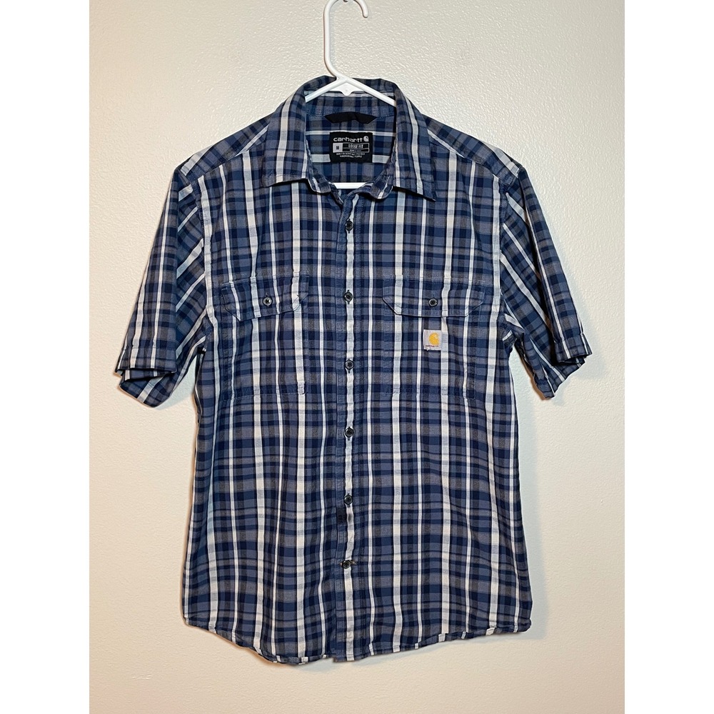Carhartt Mens Loose Fit Short Sleeve Plaid Button Down Shirt BlueTW4625-M Medium